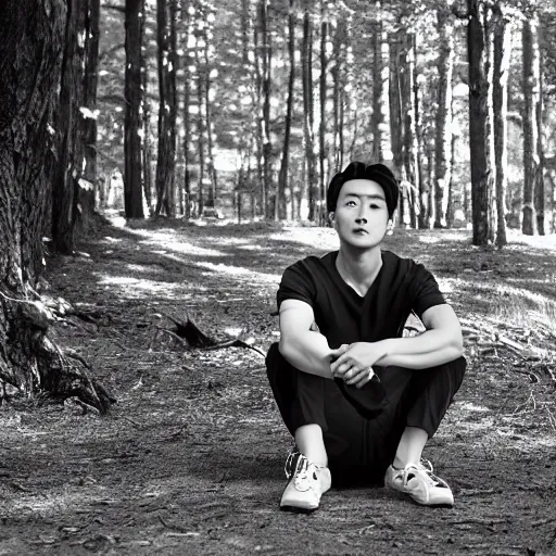 Prompt: male korean actor with tribal facial scarring sitting in a forest, hyper realistic, black and white portrait, 8 k resolution,