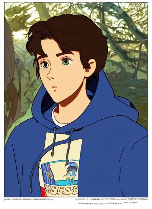 Image similar to teen boy with brown hair and big blue eyes, wearing a hoodie, natural lighting, path traced, highly detailed, high quality, cartoon, digital painting, by don bluth and ross tran and studio ghibli and alphonse mucha