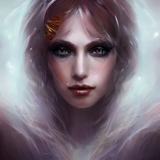 Image similar to fantasy magic fashion girl portrait, sci - fi, glossy eyes, face, long hair, fantasy, intricate, elegant, highly detailed, digital painting, artstation, concept art, smooth, sharp focus, illustration