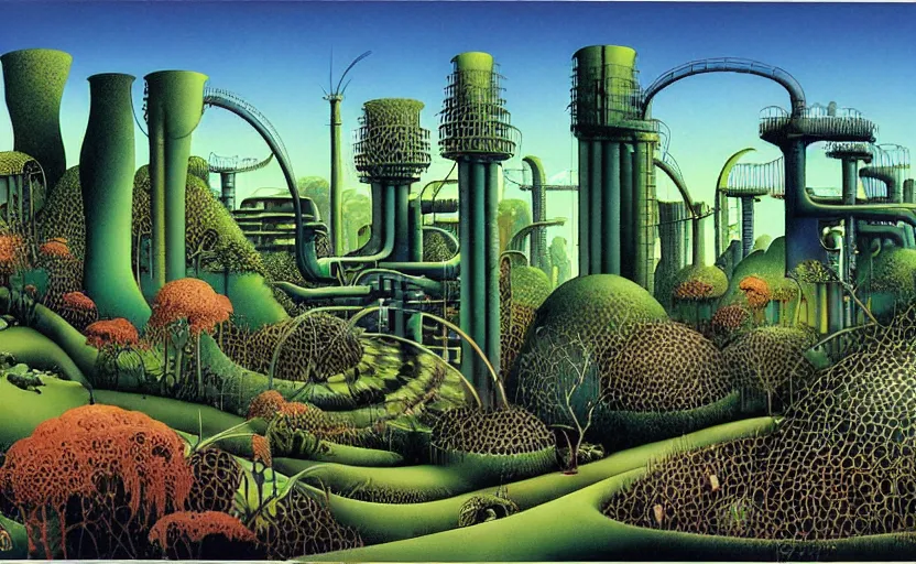 Prompt: industrial buildings surrounded by undergrowth by roger dean