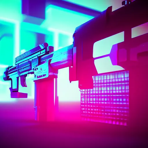 Image similar to synthwave neon gun, sharp focus, synthwave art, aesthetic, octane render, raw, cinematic