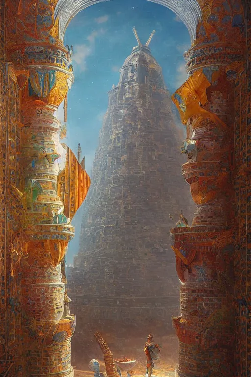 Image similar to glorious painted tower of the sun and stars by Ludwig Deutsch and Rudolf Ernst and tyler edlin, dramatic cinematic lighting , beautiful colorful tilework, ornate architecture, smooth, sharp focus, extremely detailed