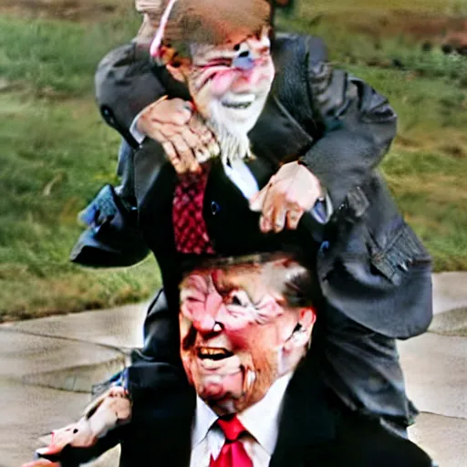 Prompt: dwarf trump getting a piggy - back ride from reagan