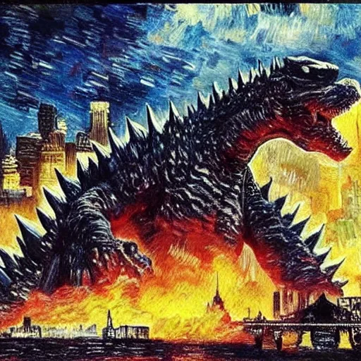 Image similar to godzilla in new york, epic, establishing shot, highly detailed, oil painting by van gogh