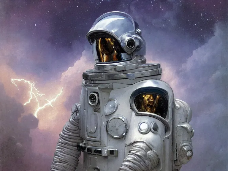 Image similar to a detailed profile oil painting of an advanced shock trooper in a spacesuit with reflective helmet, advanced technology flight suit, portrait symmetrical and science fiction theme with lightning, aurora lighting clouds and stars by beksinski carl spitzweg and tuomas korpi. baroque elements, full-length view. baroque element. intricate artwork by caravaggio. Trending on artstation. 8k