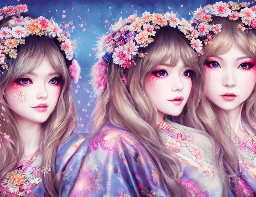 Image similar to two beautiful fashion siberian girls wear fantasy kimono in festival | | big eyes, sunny, dreamlike art, realistic shaded, smile, good looking, hyper details, 4 k realistic, cryengine, realistic shaded lighting poster by artgerm, ross tran, fuji choko, loish, 8 k resolution, trending on artstation, luxury