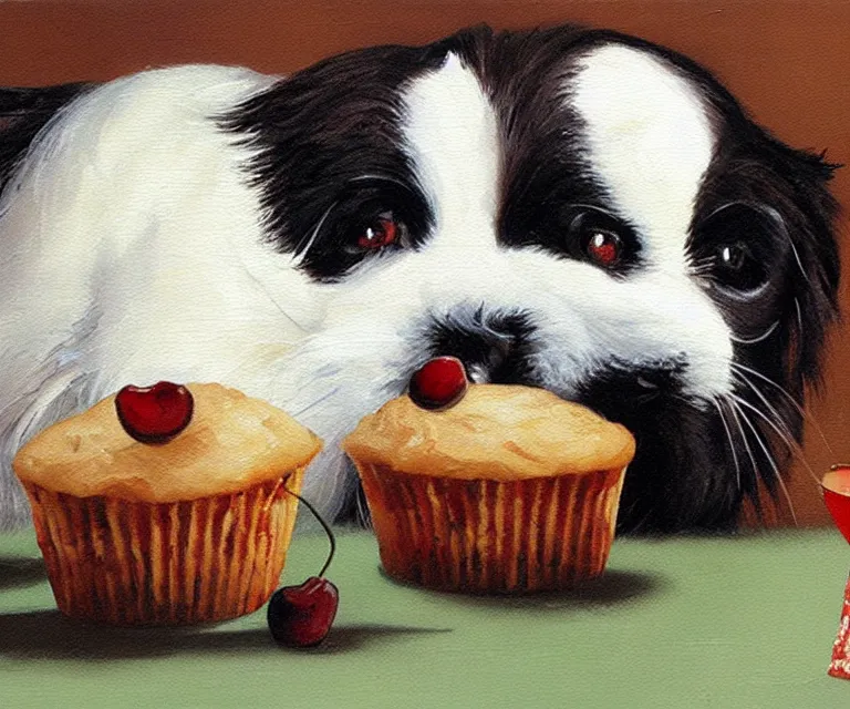 Image similar to white and black japanese chin dog eating cherry muffins, oil painting