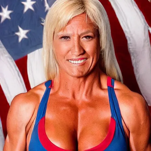 Image similar to a woman who is a genetic combination of hulk hogan and donald trump face and upper - body focus