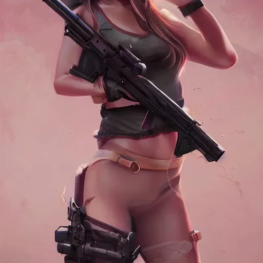 Prompt: beautiful woman with a gun, artstation, wlop, highly detailed