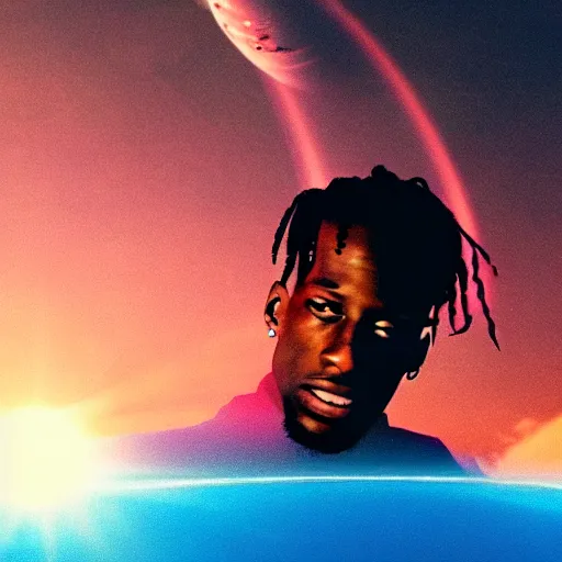 Image similar to Travis Scott sitting on a cloud over Earth, 4k, Aubrey Powell, vintage photo, lens flare, beautiful cinematography, surreal, film grain