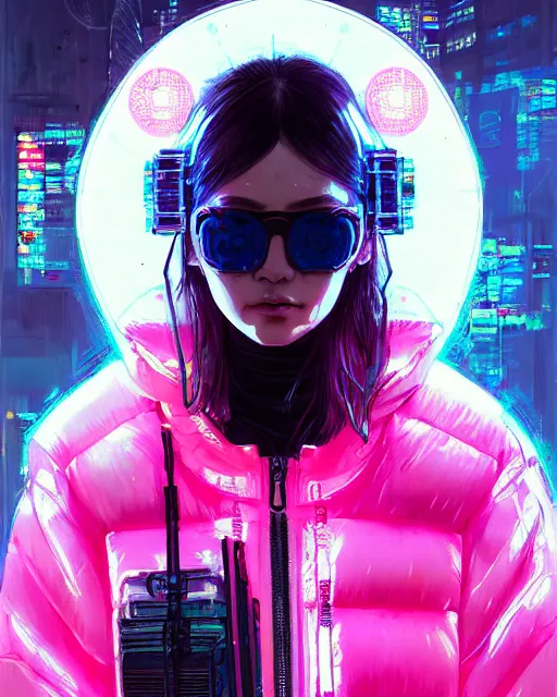 Prompt: detailed portrait Neon Operator Girl cyberpunk futuristic neon Reflective puffy coat, decorated with traditional japanese ornaments by ismail inceoglu dragan bibin hans thoma greg rutkowski Alexandros Pyromallis Nekro Rene Margitte illustrated Perfect face, fine details, realistic shaded, fine-face, pretty face