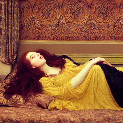 Image similar to preraphaelite photography reclining on bed, a hybrid of judy garland and a hybrid of lady gaga and nicole richie, aged 2 5, big brown fringe, wide shot, yellow ochre ornate medieval dress, john william waterhouse, kilian eng, rosetti, john everett millais, william holman hunt, william morris, 4 k