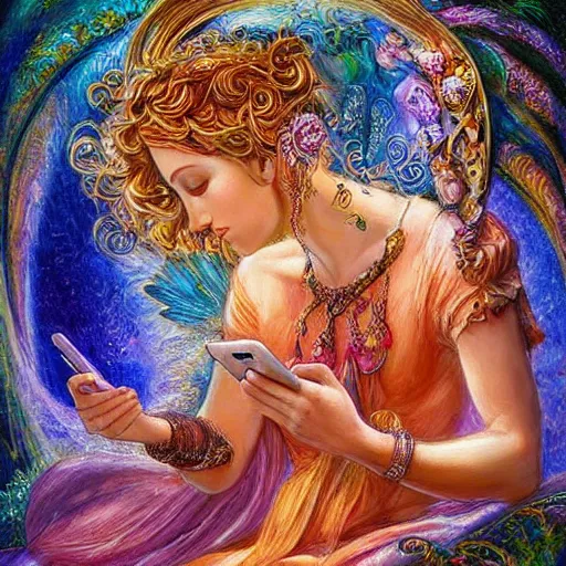 Image similar to goddess checking her phone, by josephine wall, trending on artstation, amanda sage