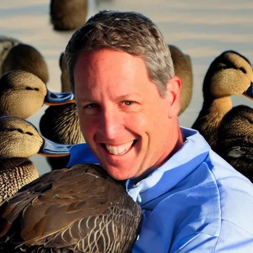 Prompt: dr scott jensen hanging out with a bunch of ducks