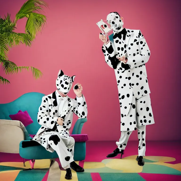 Prompt: vogue photoshoot octane render portrait of 1 0 1 dalmatian with white background, focus on an eccentric man in a bright colorful pastel wes anderson uniform and a latex mask inside a high - end exotic vintage boutique hotel lounge, very short depth of field, bokeh