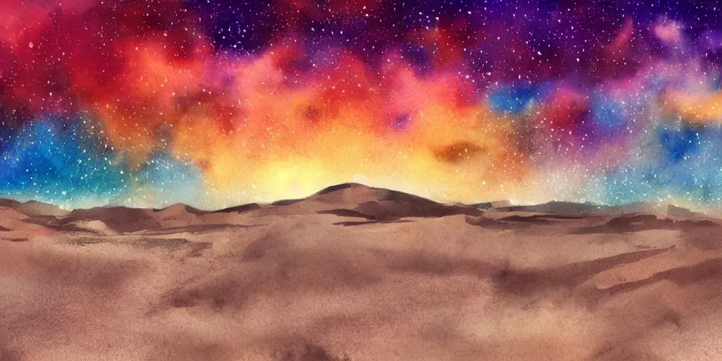 Image similar to desert with sky with stars in watercolor, cinematic, highly detailed wide, atmospheric lighting