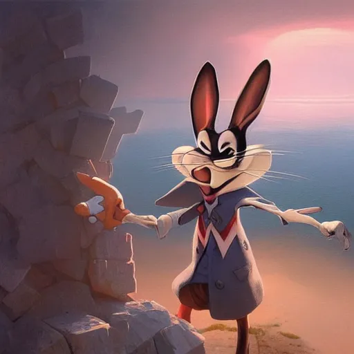 Image similar to salvadore dali cosplay bugs bunny, art by wgreg rutkowski. during golden hour. extremely detailed.