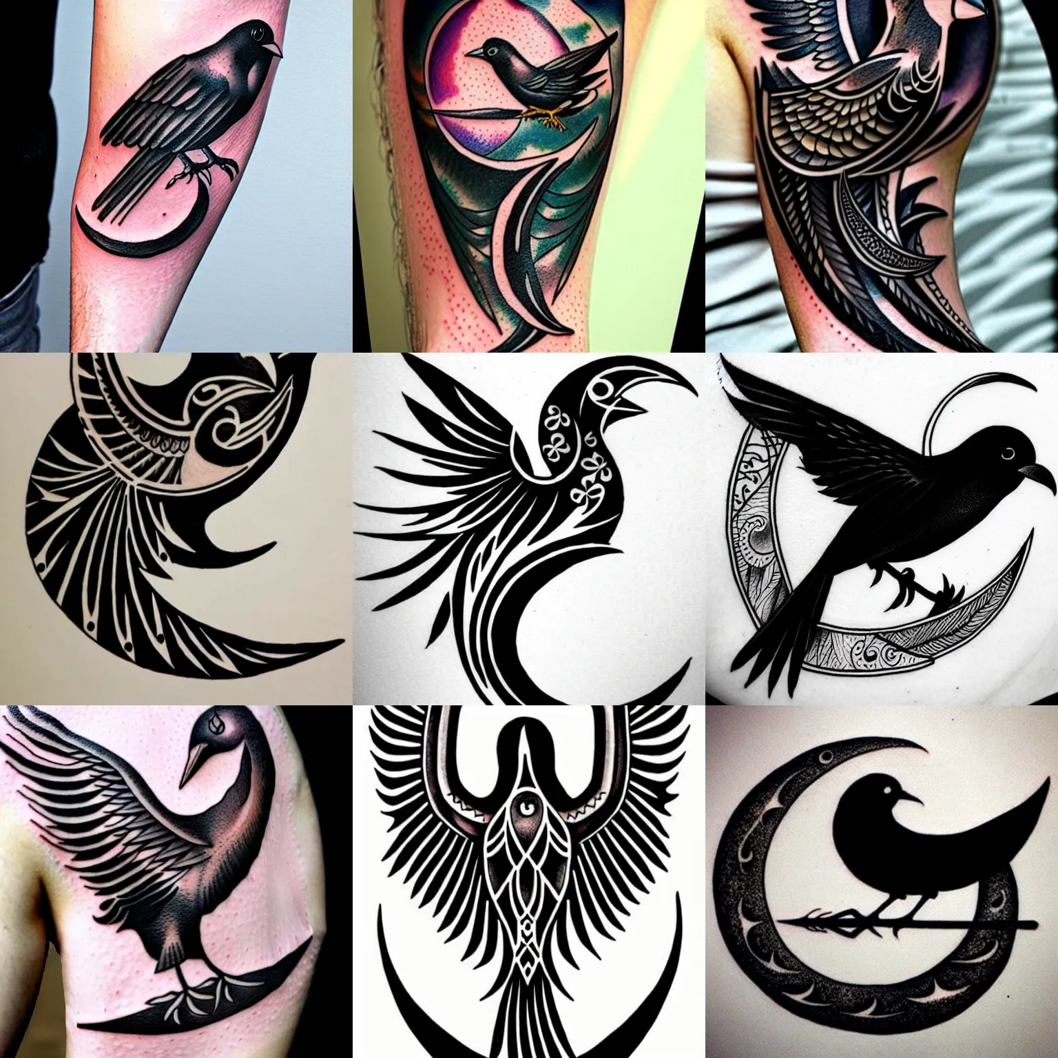 Prompt: tattoo design of black bird and crescent moon, highly detailed, intricate