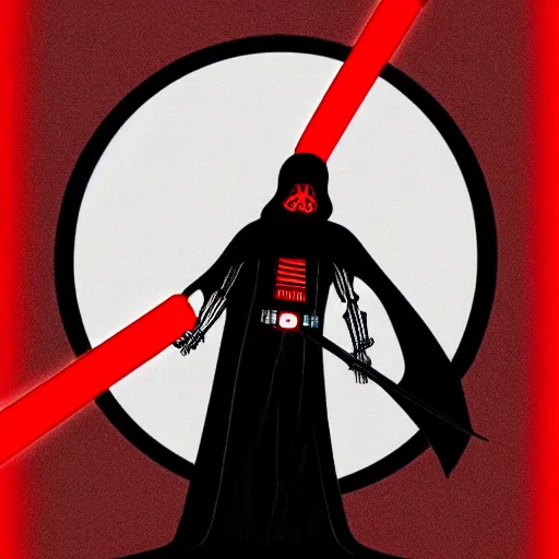 Prompt: a skeleton in a black cloak and with a red lightsaber