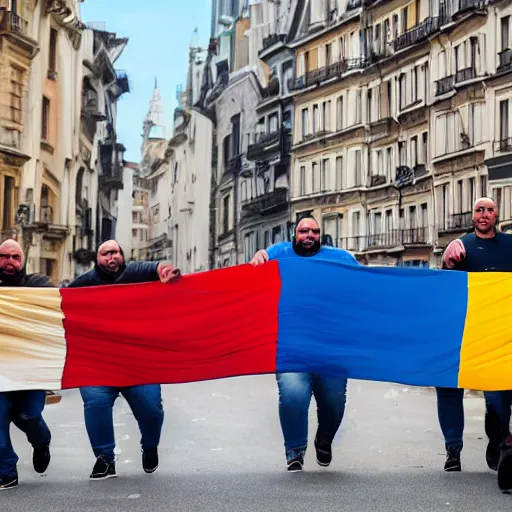 Image similar to a group of obese men walking through a street, the romanian flag is in the background in the sky, hyper realistic, very detailed.