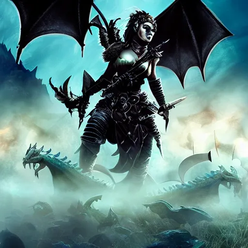 Image similar to fantasy warrior woman with dragon armour, black hair and turquoise eyes slaying orcs in medieval battlefield, fog and mist