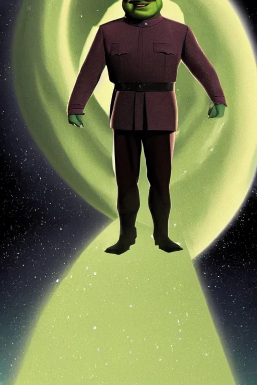 Prompt: portrait of Hitler dressing up as Shrek, rule of thirds, captivating glowing lights, Star Trek setting, on interstellar space, photo realistic by Yaşar VURDEM , artstation, unreal engine, character concept art by Moebius, high quality printing
