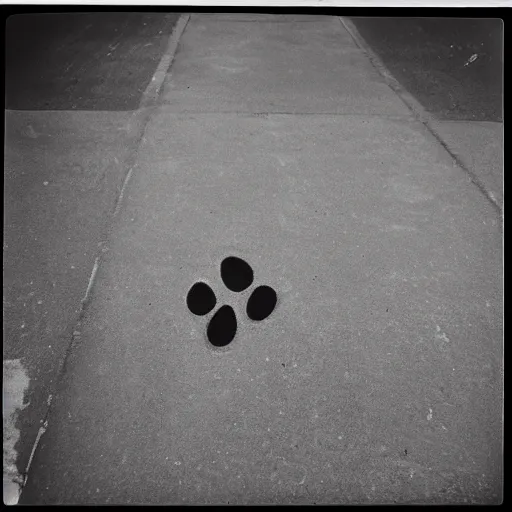 Prompt: wide-shot, low-angle eyesight first-person!! cat's paw prints on fresh cement at the street, polaroid photo, by Andy Warhol