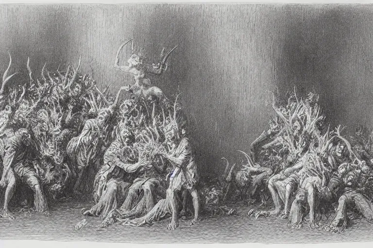 Prompt: demons eating cake, Gustave Dore lithography