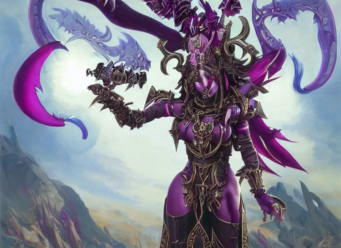 Image similar to Skilled Slaanesh demonette with pink tail and small horns on her head and beautiful long black hair wearing the outfit of slaanesh legions looking at the viewer corrupting an ultramarine space marine, elegant, delicate, powerful, smooth, highly detailed, Artstation, Cgsociety, art by Mark Simonetti and Gil Elvgren and artgerm, mucha, Warhammer illustration, digital art