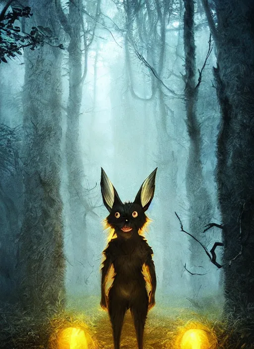 Image similar to a ominous furry creature with long twisted ears standing in a forest, yellow glowing eyes, dark fantasy, michael kutsche, concept art, beautiful lighting