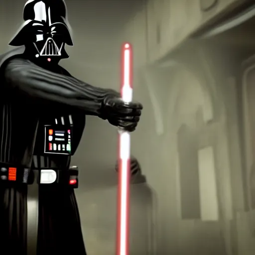 Prompt: Film still of Darth Vader holding his lightsaber, from Red Dead Redemption 2 (2018 video game)