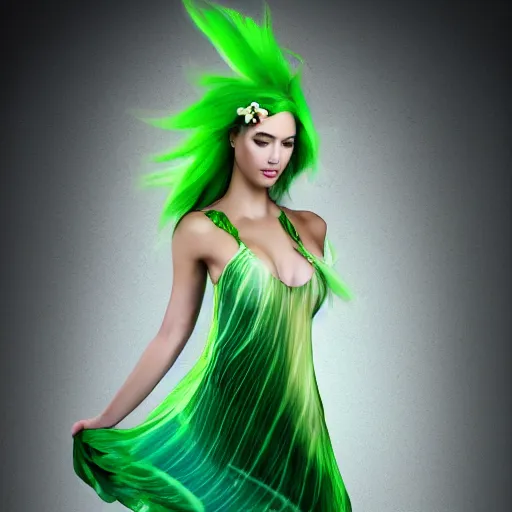 Image similar to fantasy. fashion 2 0 5 0 silk weightless translucent dress in the form of a flower. a full - length model. a beautiful slender symmetrical girl with green hair and a wreath of flowers. hyperrealistic photo