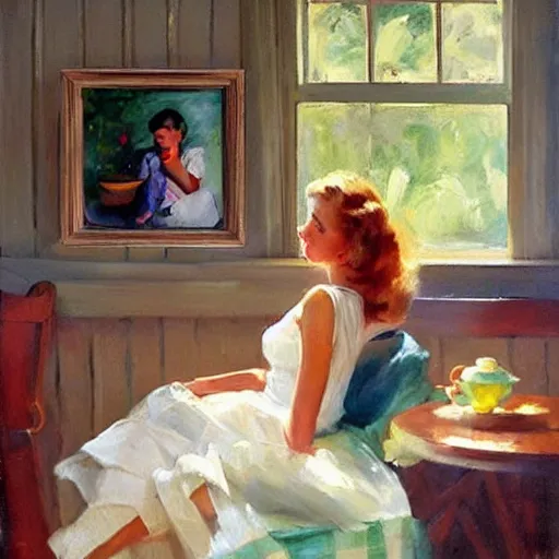 Prompt: 1950s Americana, domestic scene, family, romantic, inviting, cozy, painting Vladimir Volegov