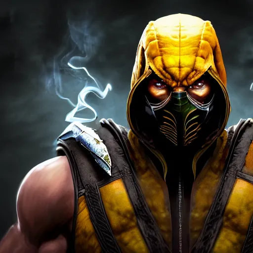Image similar to Portrait of Scorpion from Mortal Kombat 11, anger, mystery, fear, highly detailed, ominous vibe, smoke, octane render, cgsociety, artstation, trending on ArtStation, by Lee Heng Eng
