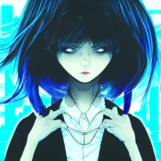 Image similar to Frequency indie album cover, luxury advertisement, blue filter, blue and black colors. Clean and detailed post-cyberpunk sci-fi close-up schoolgirl in asian city in style of cytus and deemo, blue flame, relaxing, calm and mysterious vibes, by Tsutomu Nihei, by Yoshitoshi ABe, by Ilya Kuvshinov, by Greg Tocchini, nier:automata, set in half-life 2, GITS, Blade Runner, Neotokyo Source, Syndicate(2012), dynamic composition, beautiful with eerie vibes, very inspirational, very stylish, with gradients, surrealistic, dystopia, postapocalyptic vibes, depth of field, mist, rich cinematic atmosphere, perfect digital art, mystical journey in strange world, beautiful dramatic dark moody tones and studio lighting, shadows, bastion game, arthouse