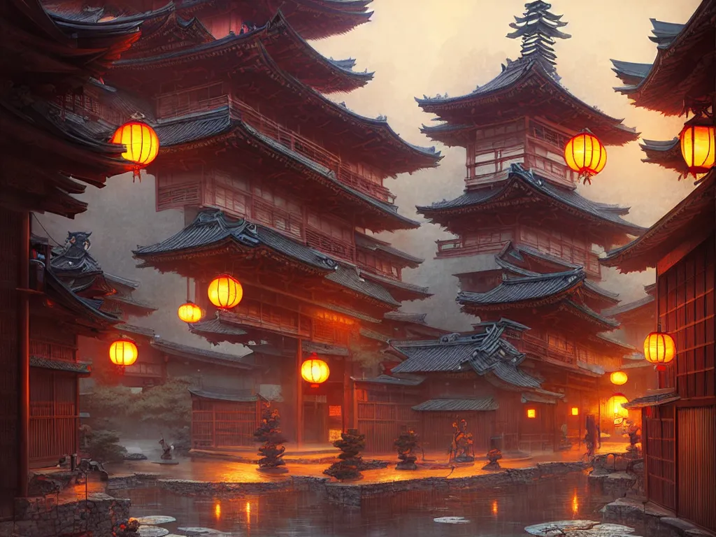 Image similar to old japanese town, d & d digital painting, intricate details, ultra realistic, beautiful, volumetric lighting, warm colors advance, cell shading, by james jean, greg rutkowski, gerald brom, wlop