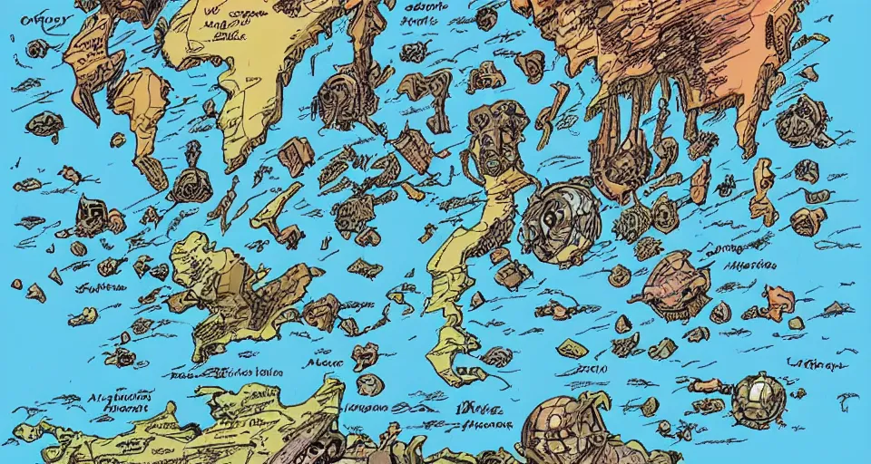 Prompt: moebius illustration of a map. map of a continent. a junkyard planet with a small settlement. maps showing a continent. detailed fantasy art, illustrated map.