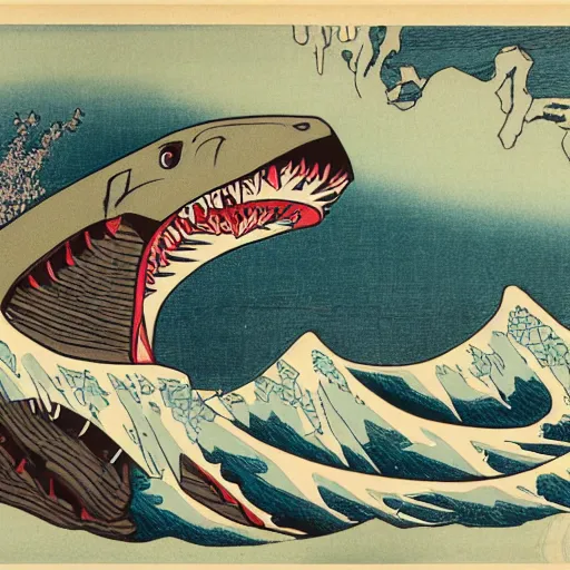 Prompt: shark attack by hokusai