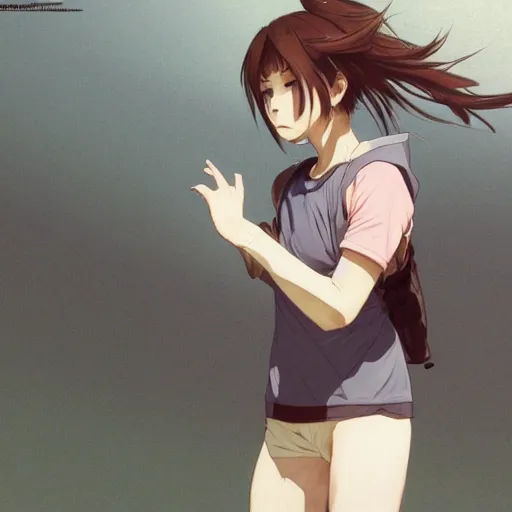 Image similar to a girl is running, sport clothing, fitness activity, anime style, brown short hair, hair down, symmetrical facial features, from arknights, hyper realistic, rule of thirds, extreme detail, detailed 4 k drawing, trending pixiv, realistic lighting, by alphonse mucha, greg rutkowski, sharp focus, backlit