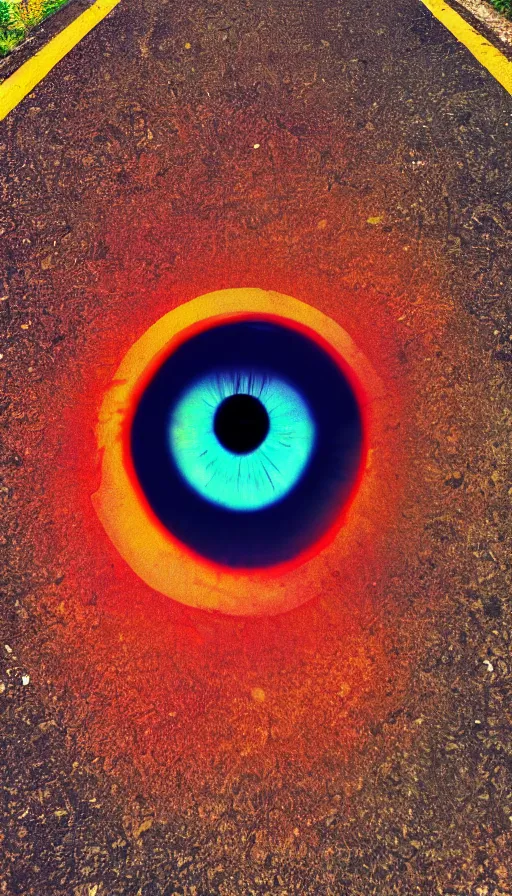 Prompt: photo of a human eye open on an asphalt road, realistic photo, shot with a gopro, looming, colorful, eerie