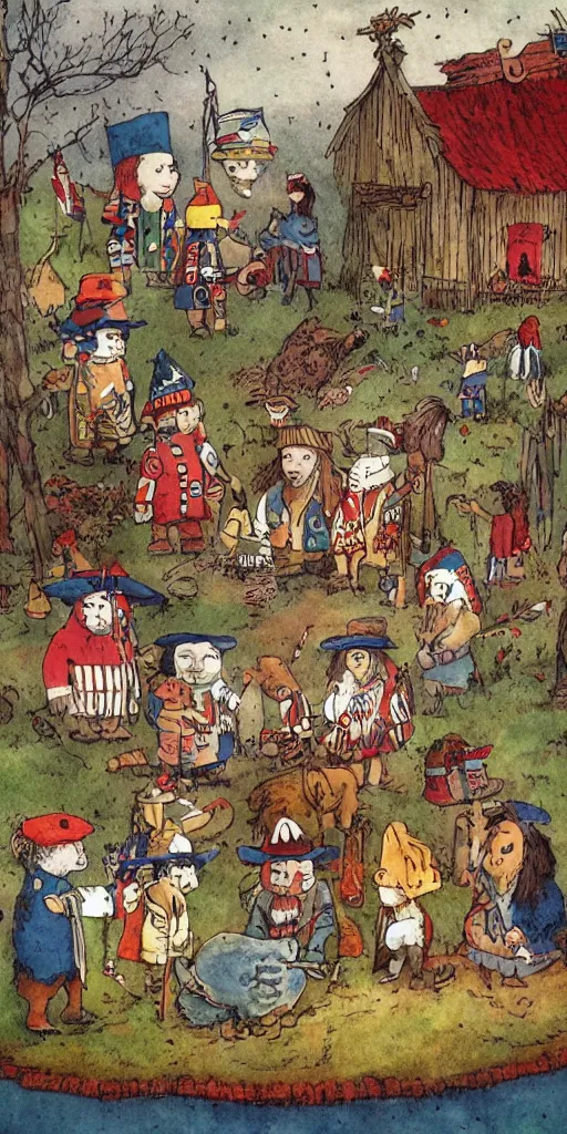 Prompt: a 4 th of july day scene with pilgrims and native americans by alexander jansson, joel fletcher, owen klatte, angie glocka, justin kohn, maurice sendak. 4 th of july day color palette.