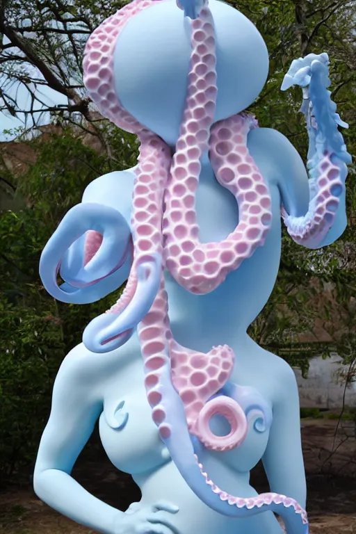 Image similar to full head and shoulders, beautiful porcelain female person, smooth, delicate facial features, big detailed eyes, white lashes, wearing a pale blue swimming cap and pale pink swimming costume, 3 d white large octopus tentacles by daniel arsham and james jean