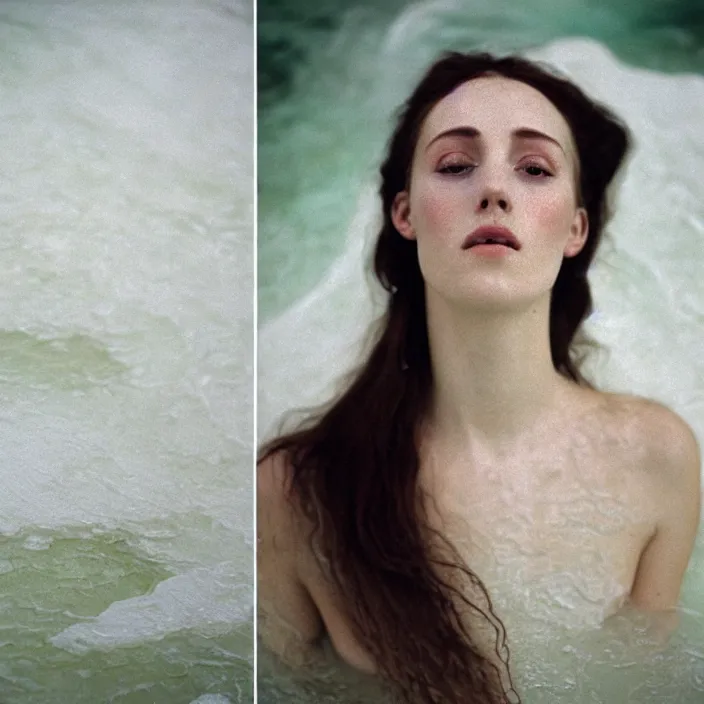 Image similar to Kodak Portra 400, 8K,ARTSTATION, CarolineGariba, soft light, volumetric lighting, highly detailed, britt marling style 3/4 ,portrait photo Close-up portrait photography of a beautiful woman how pre-Raphaelites, the face emerges from Pamukkale, thermal waters flowing down white travertine terraces, inspired by Ophelia paint ,and hair are intricate with highly detailed realistic beautiful flowers , Realistic, Refined, Highly Detailed, interstellar outdoor soft pastel lighting colors scheme, outdoor fine art photography, Hyper realistic, photo realistic