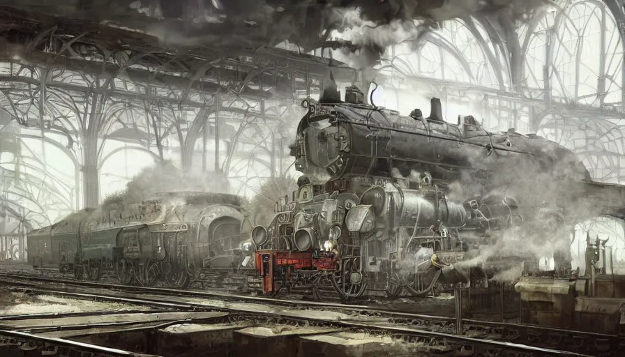 Image similar to Dieselpunk railway station, anamorphic lens, steam, epic composition, diesel trains, intricate, elegant, volumetric lighting, digital painting, highly detailed, artstation, sharp focus, illustration, concept art, ruan jia, steve mccurry