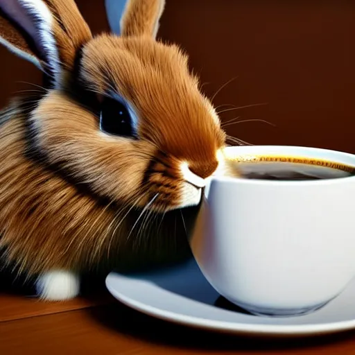 Image similar to hyperrealistic detailed medium shot low angle image, deep depth of field of fluffy brown rabbit sitting behind the table, in front of it cup of coffee with milk. small and structured. 8 k, 3 d render by roger magrini, very cohesive, masterpiece