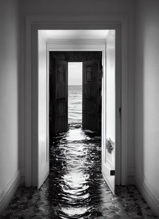 Image similar to seawater spilling out through an open door, in the style of the Dutch masters and Gregory Crewdson, dark and moody