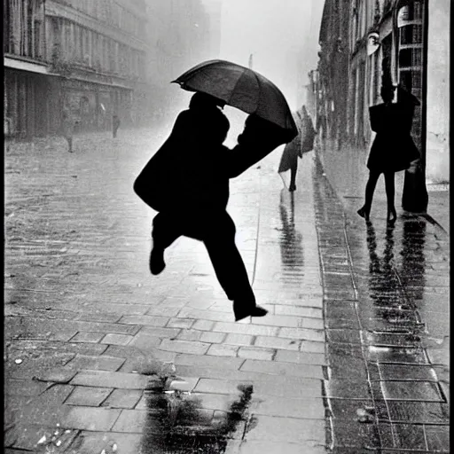 Image similar to the man leaping with an umbrella in a raining paris street, by henri cartier bresson,