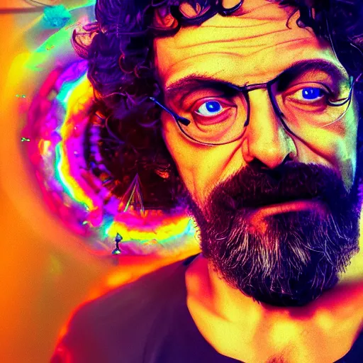 Prompt: terence McKenna modeling seductively with psychedelic mushrooms, psychedelic, cinematic lighting, dramatic, octane render, full body, trending on artstation, perfect facial symmetry, bokeh, 8k, hyper detailed