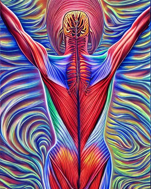 Prompt: anatomy image of a human muscle structure, art airbrush painting by alex grey