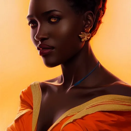 Image similar to portrait of very very very very very very beautiful african woman, spacesuit, orange eyes, intricate, elegant, highly detailed, digital painting, artstation, concept art, smooth, sharp focus, illustration, art by artgerm and greg rutkowski and alphonse mucha